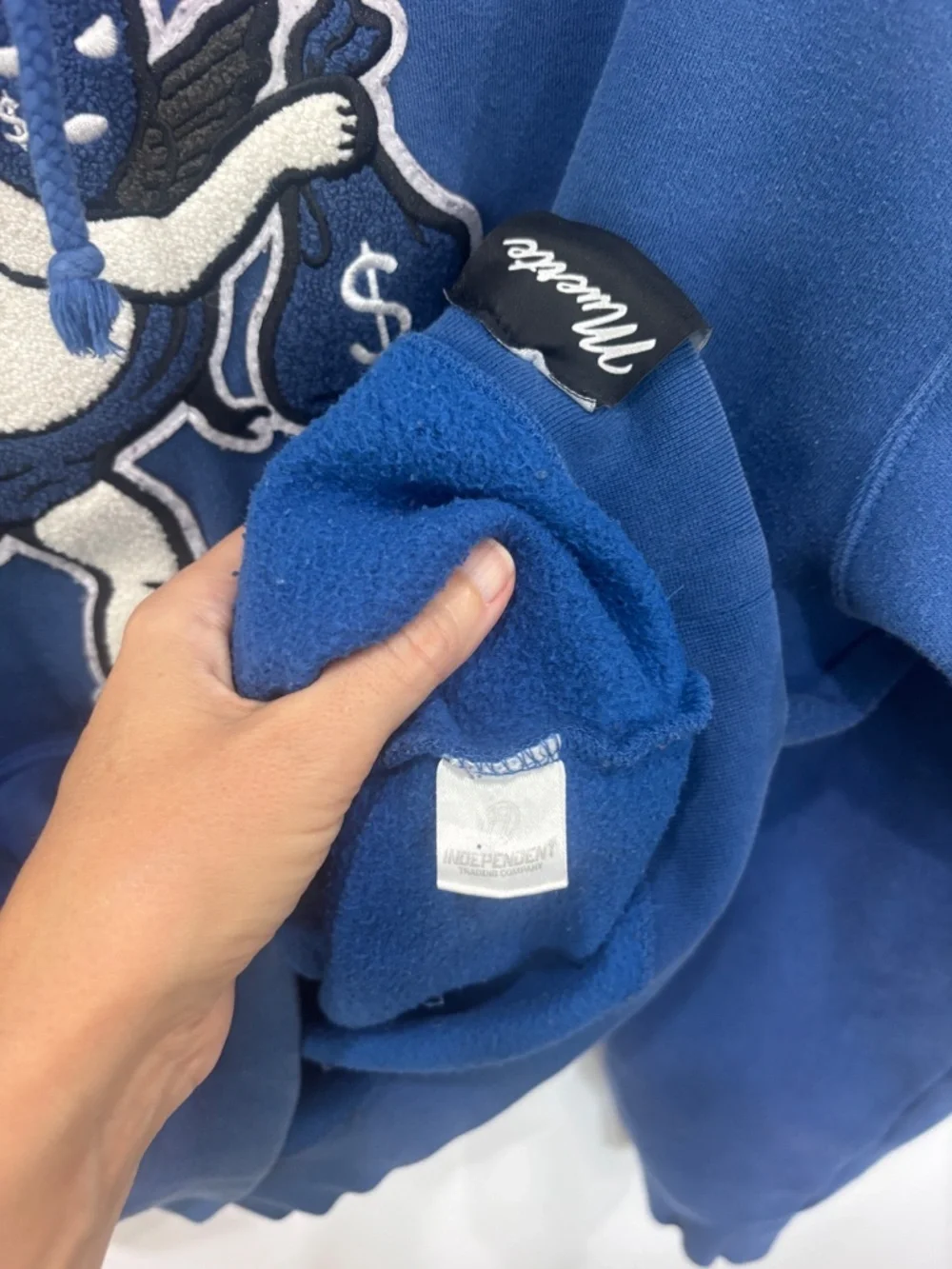 Hasta Muerte Ski Mask Angel Hoodie Large Royal Blue Chenille Patch Heavyweight